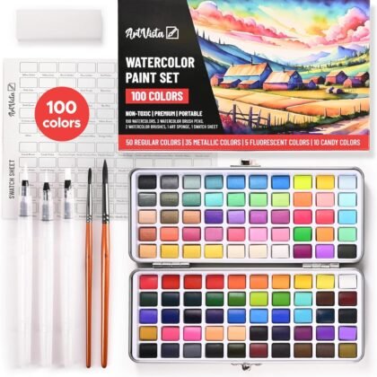 Watercolor Paint Set with 100 Bright Colors: for Adult Beginners & Professional with Metallic - Travel Sized Water Color Art Kit Palette