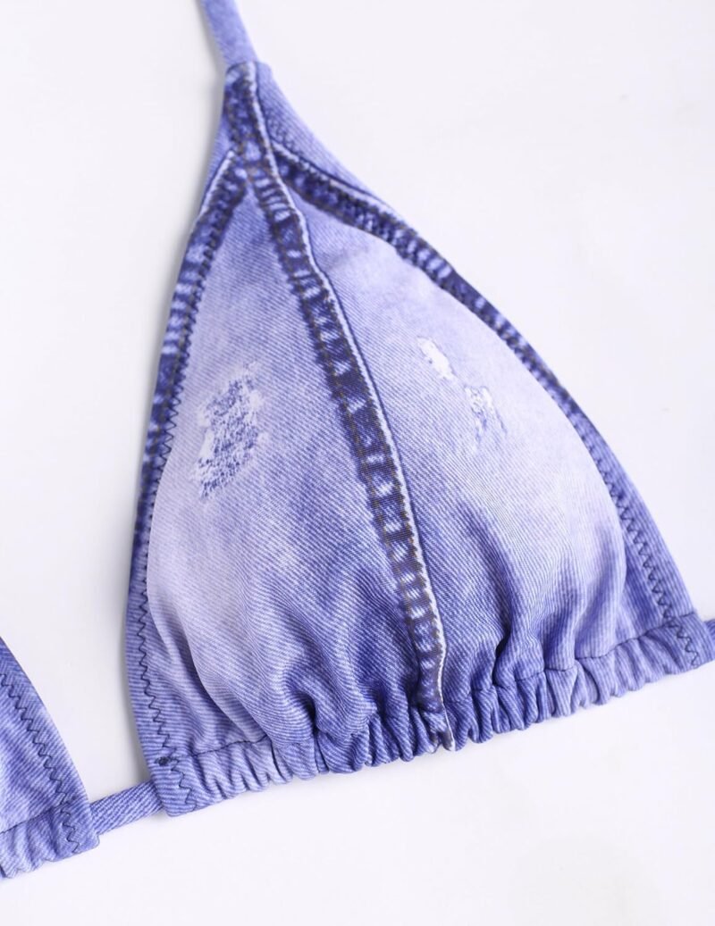 ZAFUL Bikini Sets for Women Denim Print Halter Neck Two Piece Swimsuits Sexy Open Back Triangle High Cut Thong Bathing Suit - Image 5
