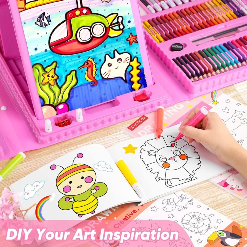 Soucolor Easter Gifts for Kids Teens Girls Boys Ages 4, 6, 8, 10, 12, 283 Pieces Drawing Set Art Kits with Trifold Easel, 2 Drawing Pads, 1 Kids Activity Coloring Book, Crayons, Pastels, Watercolor - Image 6
