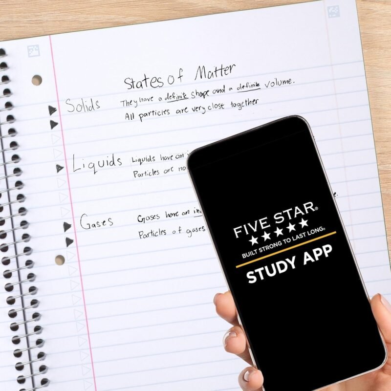 Five Star Spiral Notebook + Study App, 5 Subject, Wide Ruled Paper, 8" x 10-1/2", 200 Sheets, Fights Ink Bleed, Water Resistant Cover, Black (72045) - Image 3