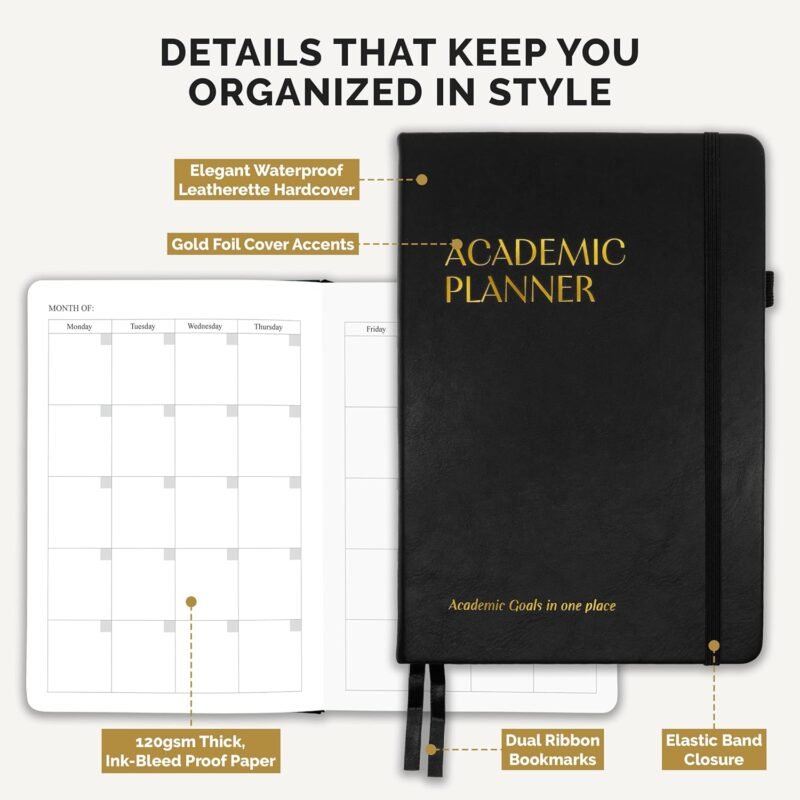 Decorably 12 Months Gold Foiled Undated Monthly and Weekly Academic Planner College with Stickers, 6x8.6in Waterproof Leatherette Hardcover Academic Planner for College Students, High School, Home - Image 5