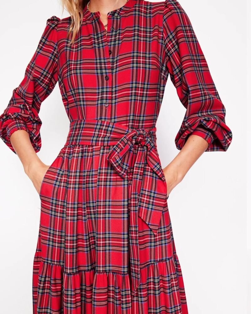 Women's Plaid Maxi Dress Button Up Tiered Ruffle Flowy Check Dresses Chirstmas Tartan Long Dress with Tie Belt - Image 3