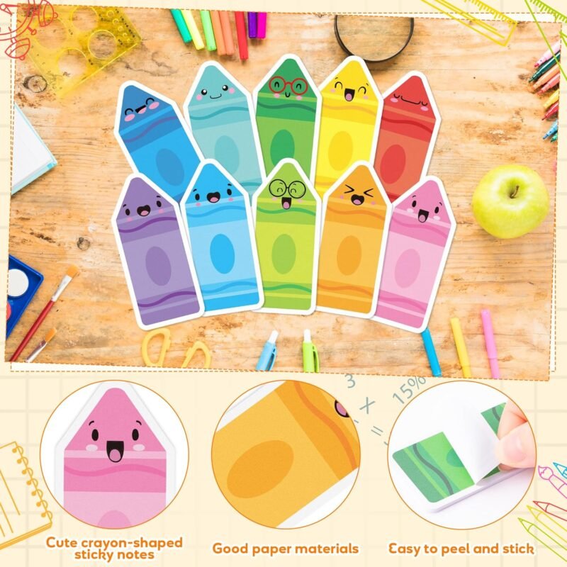 ANGOLIO 600Pcs Back to School Crayon Sticky Notes, Colorful Crayon Shape Stationery Set Self Sticky Memo Pads Page Marker for Birthday Party Favors Home Office School Supplies - Image 3