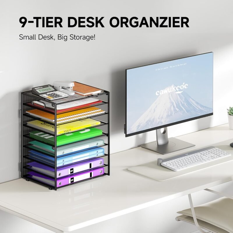 9 Tier Paper Organizer with Handle, Large Capacity Desk Organizer Mesh File Folder Letter Paper Tray Desktop Document Sorter for Classroom, School, and Office Accessories Organization- Black - Image 2