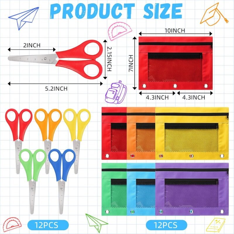 24 Pieces Scissors Bulk Binder Pencil Pouches Blunt Tip Scissors Pen Case With 3 Holes for Office Home Supplies - Image 2