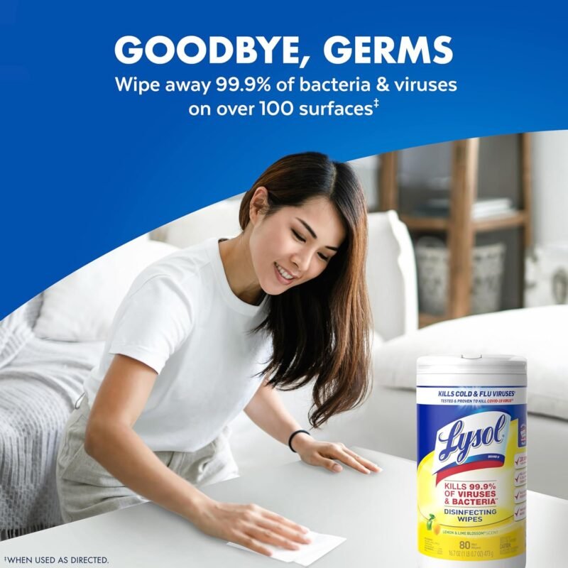 Lysol Disinfectant Wipes Bundle, Multi-Surface Cleaning Wipes, For Disinfecting & Cleaning, contains Lemon & Lime Blossom, Crisp Linen, & Mango & Hibiscus, 3x80 ct, (240 ct Total) - Image 5