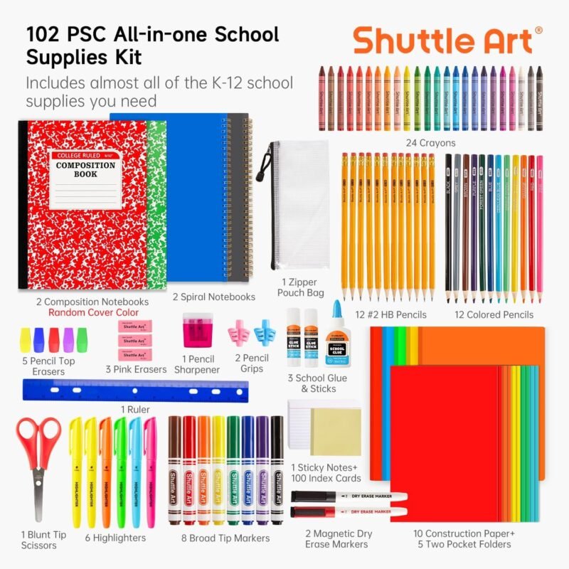 Shuttle Art 102 PCS Back to School Supplies Kit, School Supply Box for Grades K-5, School Supplies for Kids and Students, Including Pencils, Pens, Markers, Erasers, Notebooks, Folders and More - Image 2