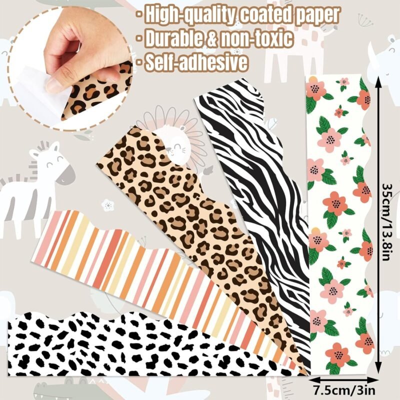 69Ft Safari Bulletin Board Borders Wildflower Leopard Zebra Print Decoration Borders Trim Border Boho Bulletin Board Sticker for School Classroom Office Decor, Each 13.8In - Image 2