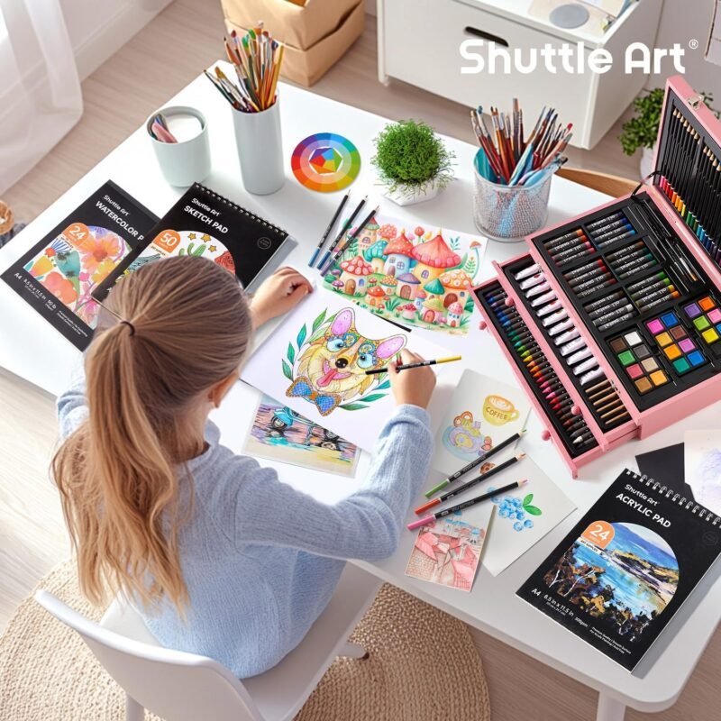 Shuttle Art Deluxe Gift Art Kit, 202-Piece Wooden Art Supplies Set with 4 Drawing Pads, Canvases, Coloring Sheets, Acrylic Paint, Crayons, Oil Pastels, Colored Pencils for Kids - Image 8