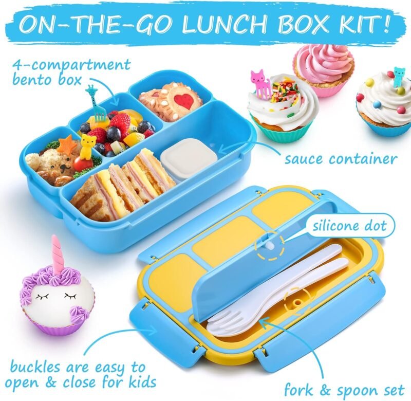 QQKO Bento Lunch Boxes with 4 Compartments, Sauce Container, Utensils, Food Picks and Muffin Cups for School or Adults, Blue - Image 3