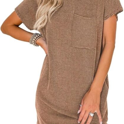 Acelitt Womens Casual Summer Crewneck Short Sleeve Ribbed Mini Tshirt Dress, XS-3XL