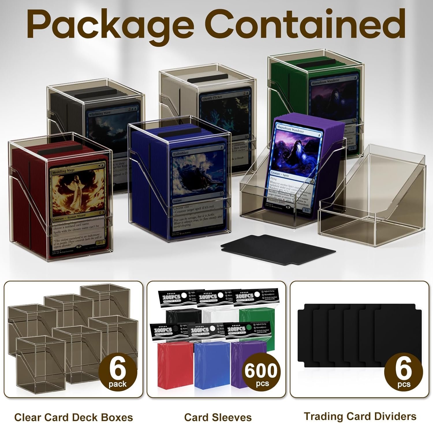 6 Pack Card Deck Cases, Commander Deck Boxes with 600Pcs Card Sleeves and Dividers, Standard Size Cards Storage Box Perfect Fit for MTG, Sport, Trading Cards (6 colors) - Image 5