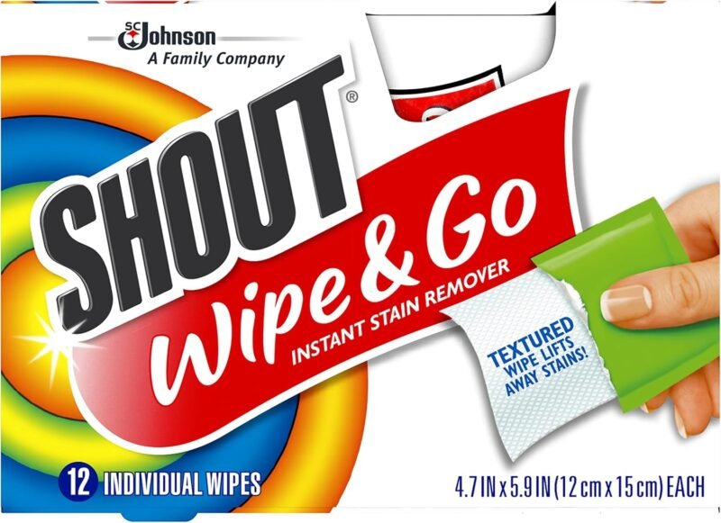 Shout Wipes Stain Remover for Clothes Laundry, Instant Stain Remover and Individually Wrapped, Travel Essentials, Works on Everyday Stains, 12 Wipes per Carton (6 Cartons)