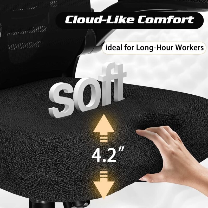 Ergonomic Office Chair for Long Hours & Lower Back Pain Relief – Memory Foam Seat Cushion, Adjustable Padded Lumbar Support, and Padded Flip-up Armrests, Ideal for Office or Study, Black - Image 4