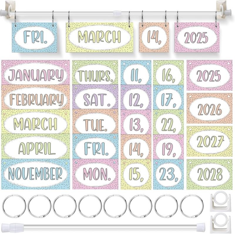 TecUnite Pastel Calendar Bulletin Board Set Girl Style Classroom Bulletin Board Decor 54 Date Cards Colorful Pastel Flip Calendar with Adjustable Holder for Back to School Supplies, Years 2025-2028