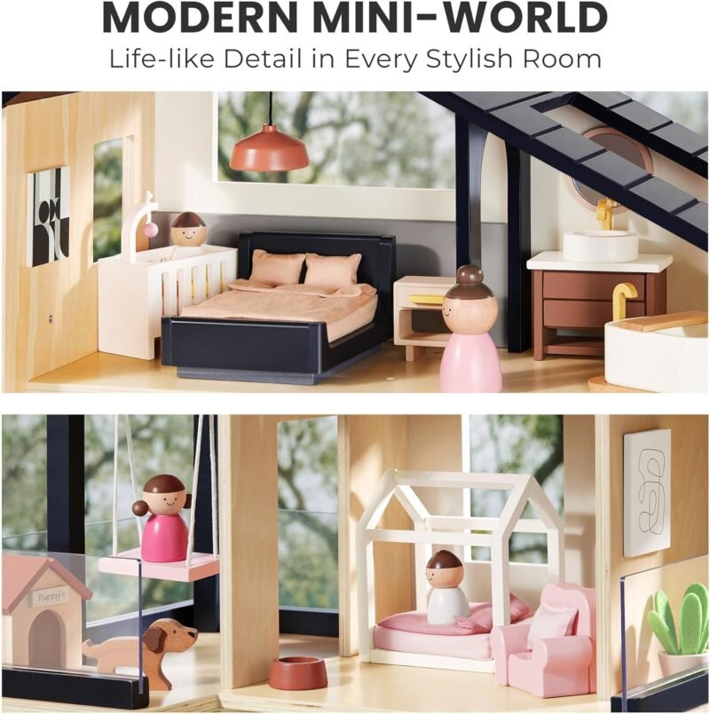 Tiny Land Doll House, Modern Family Dollhouse with Realistic Design, Wooden Dollhouse with 53Pcs Furniture - Ideal Gift for Kids Ages 3+ - Image 3