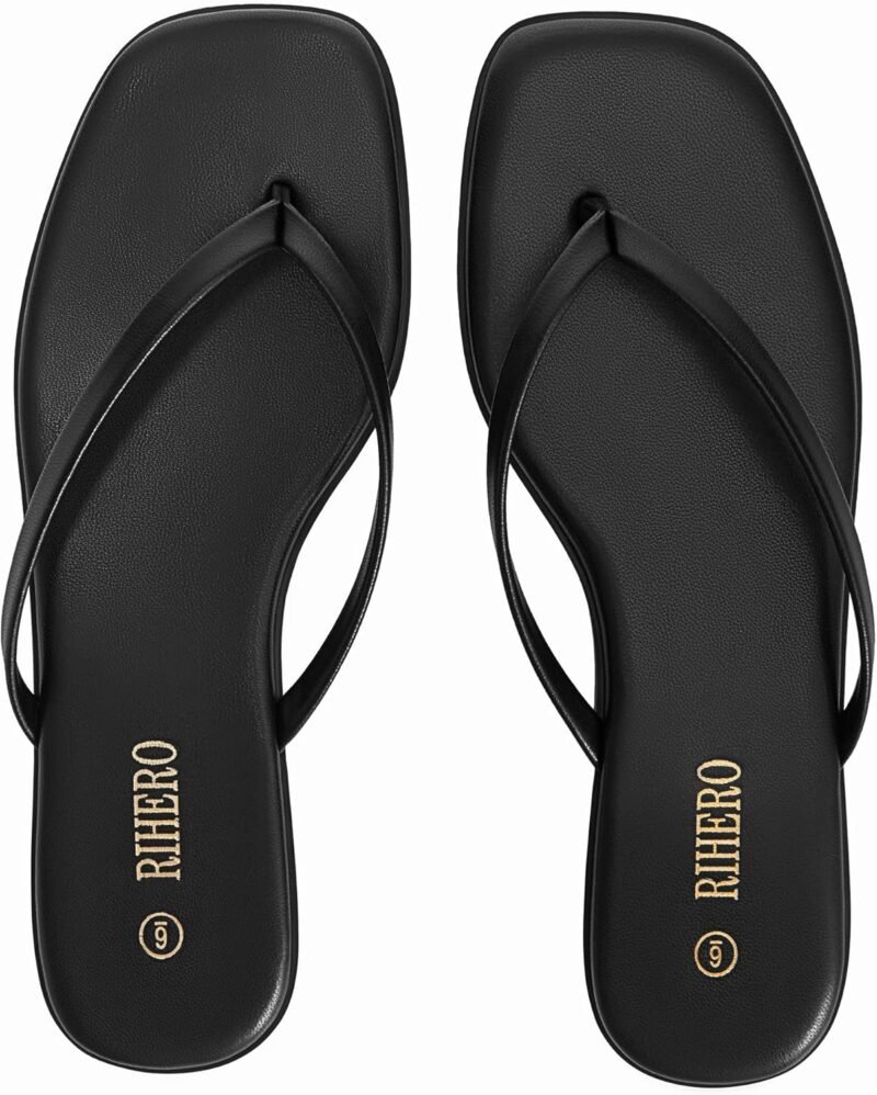 Rihero Flip Flops for Women Comfortable Square Toe Beach Sandals Slip On Leather Thong Flat Sandals Dressy - Image 4