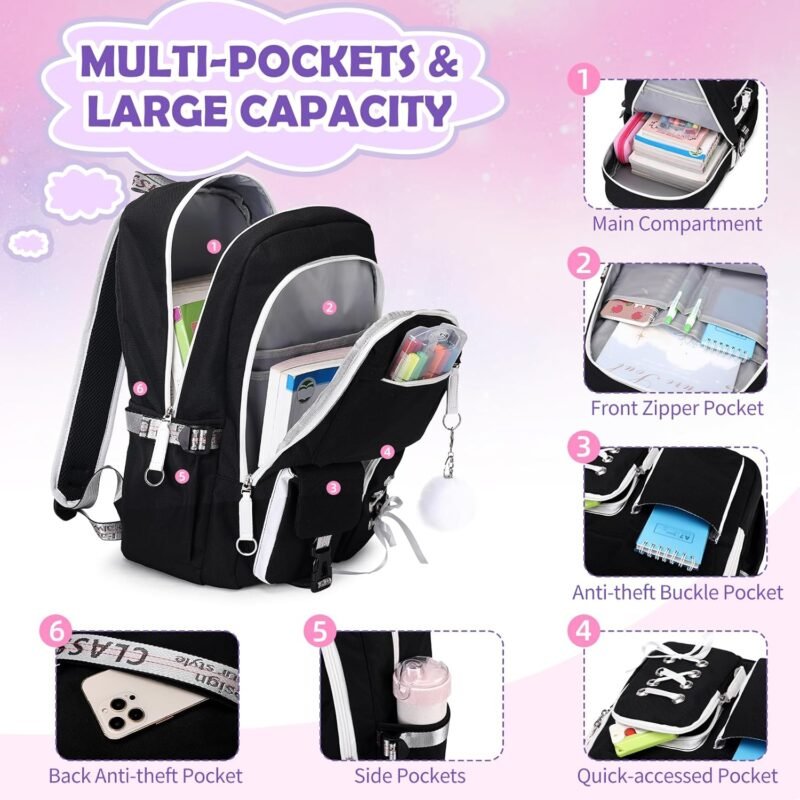 Backpacks for Girls, Girls Backpack with Lunch Box and Pencil Case for Teen Kids Elementary Middle High School College Student, Children School Backpack Bookbag with USB Charging Port (Black) - Image 3