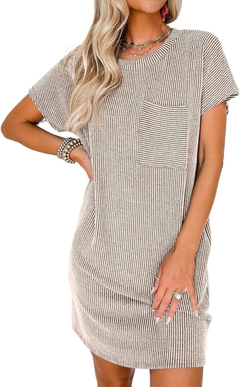 Acelitt Womens Casual Summer Short Sleeve Ribbed Mini Tshirt Dress, XS-3XL
