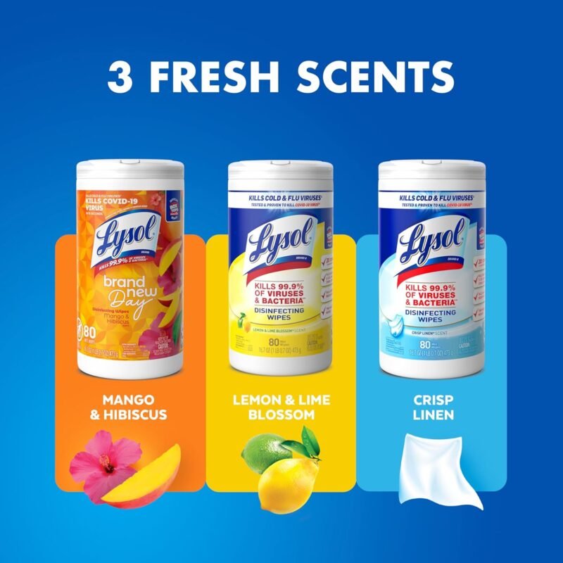 Lysol Disinfectant Wipes Bundle, Multi-Surface Cleaning Wipes, For Disinfecting & Cleaning, contains Lemon & Lime Blossom, Crisp Linen, & Mango & Hibiscus, 3x80 ct, (240 ct Total) - Image 6