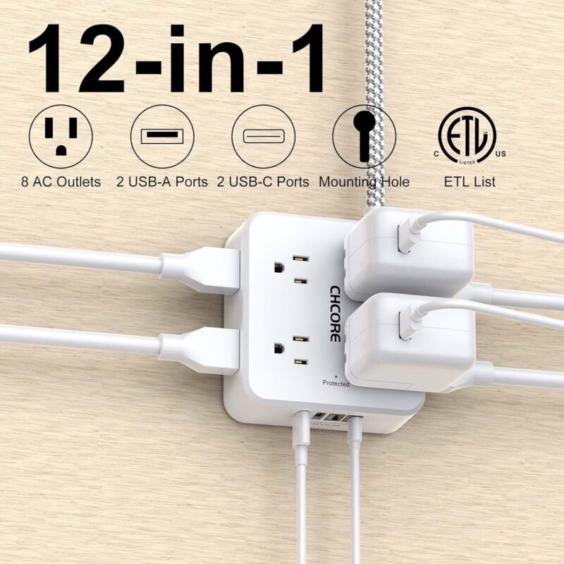 Surge Protector Power Strip - CHCORE 5Ft Braided Extension Cord with 8 Outlets with 4 USB (2 USB C) Charging Ports, Flat Plug Multi Plug Outlet Extender Charging Station for Home Office, ETL, White - Image 2