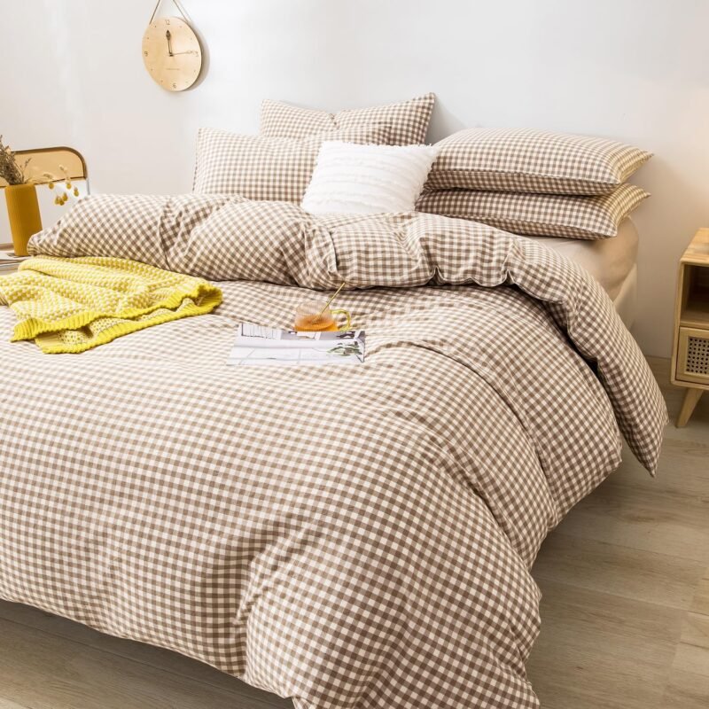 mixinni Tan Gingham Comforter Set Full, Plaid Comforter Set 3 Pieces 1 Beige Grid Comfoter with 2 Pillow Cases for All Seasons, Soft Fluffy Modern Grid Pattern Printed Bedding-Full Size - Image 6