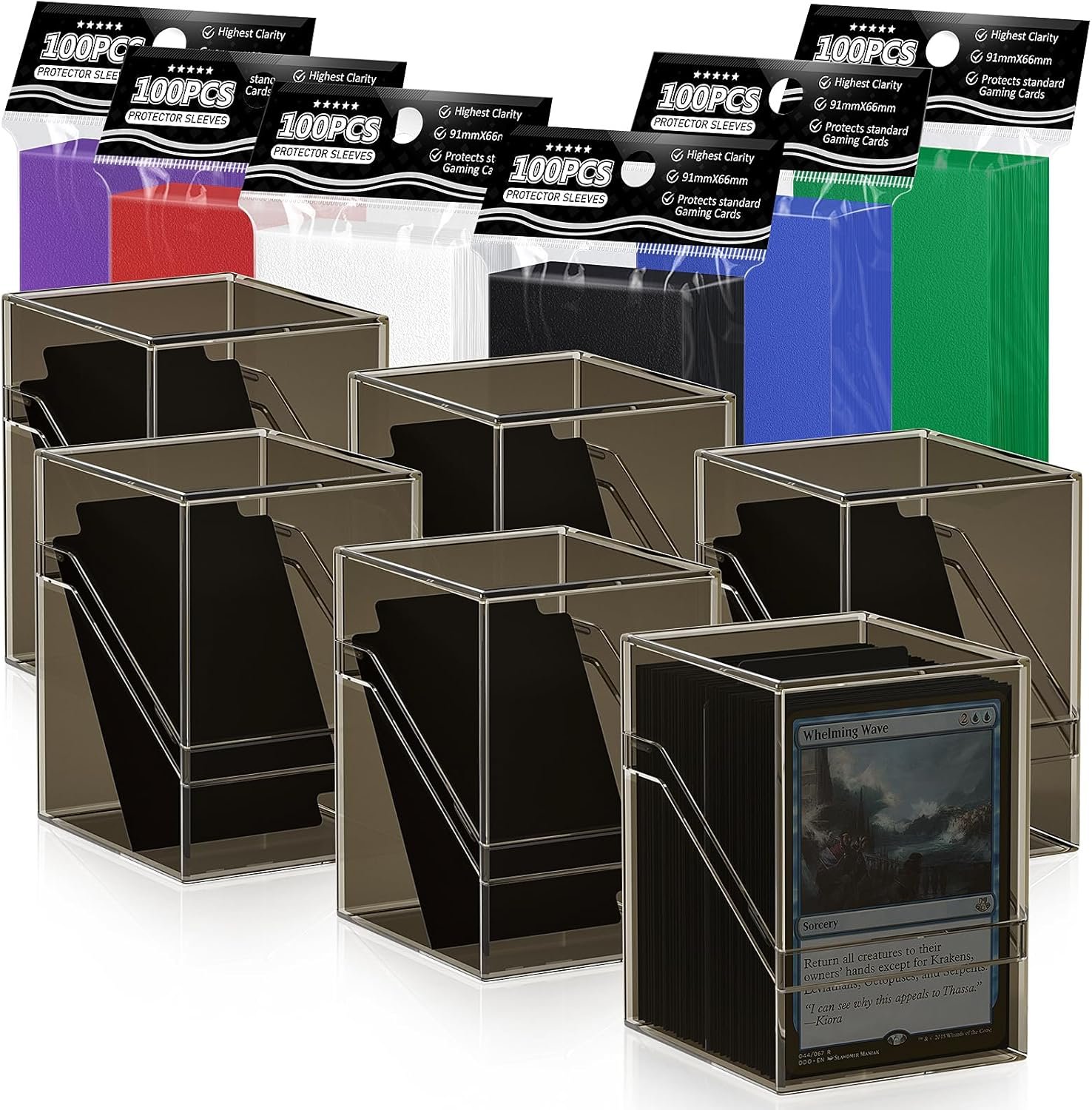 6 Pack Card Deck Cases, Commander Deck Boxes with 600Pcs Card Sleeves and Dividers, Standard Size Cards Storage Box Perfect Fit for MTG, Sport, Trading Cards (6 colors)