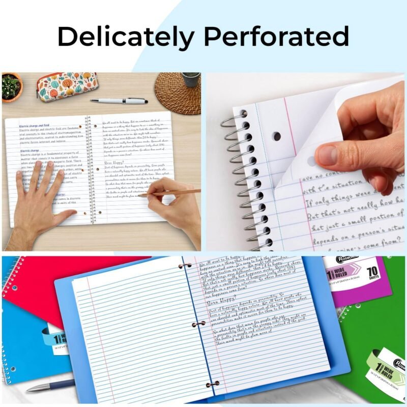 Spiral Notebooks, 12 Pack, 1 Subject Notebook, Wide Ruled, 70 Sheets, 8 x 10-1/2", 3 Hole Punched, School Supplies, Bulk Single Subject Spiral Notebook Bulk, Assorted Colors Pack of Notebooks - Image 4
