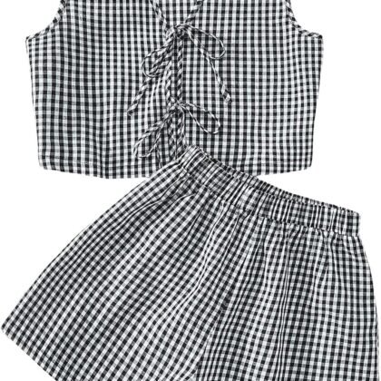SOLY HUX Women's Summer 2 Piece Outfits Plaid Print Sleeveless Tie Front Tank Top Vest Shorts Beach Vacation Set