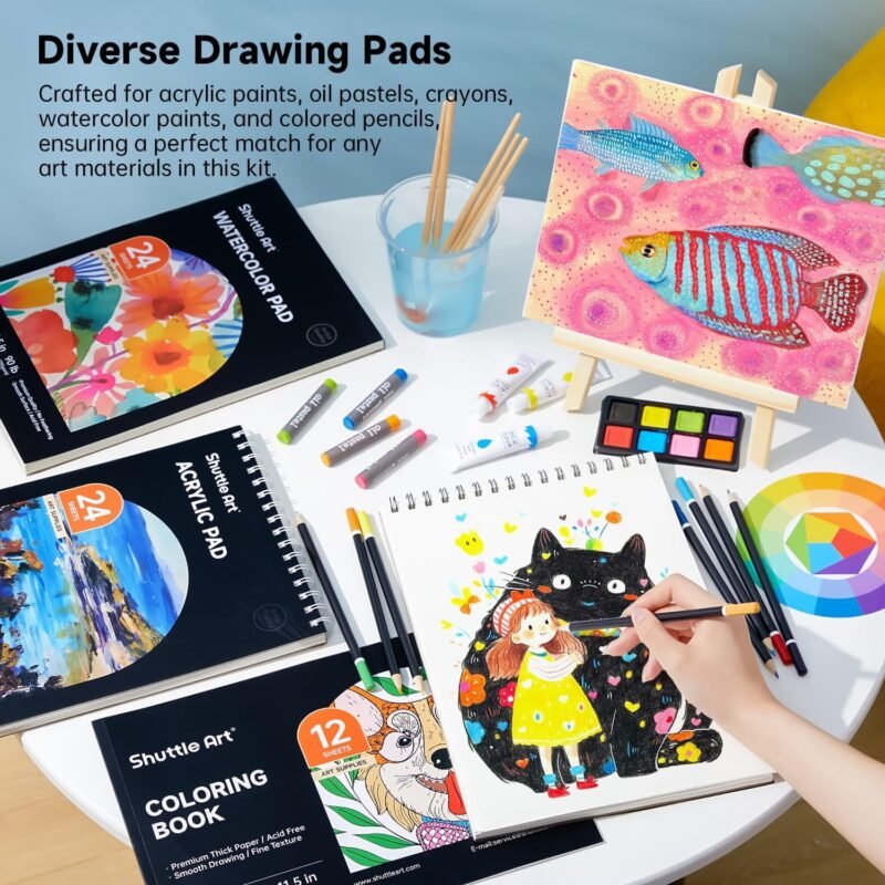 Shuttle Art Deluxe Gift Art Kit, 202-Piece Wooden Art Supplies Set with 4 Drawing Pads, Canvases, Coloring Sheets, Acrylic Paint, Crayons, Oil Pastels, Colored Pencils for Kids - Image 3