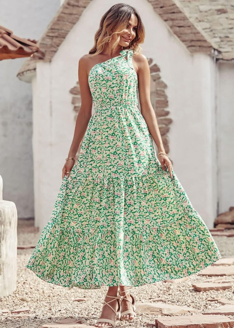 PRETTYGARDEN Women's Summer Floral One Shoulder Maxi Dress Knot Ruffle Boho Beach Vacation Wedding Guest Long Dresses - Image 2