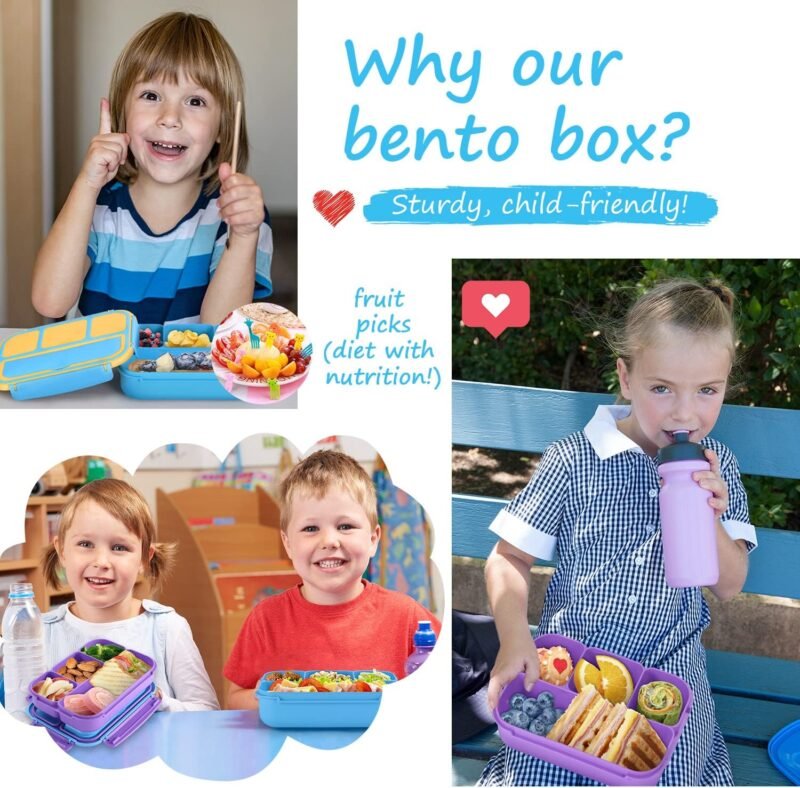 QQKO Bento Lunch Boxes with 4 Compartments, Sauce Container, Utensils, Food Picks and Muffin Cups for School or Adults, Blue - Image 7