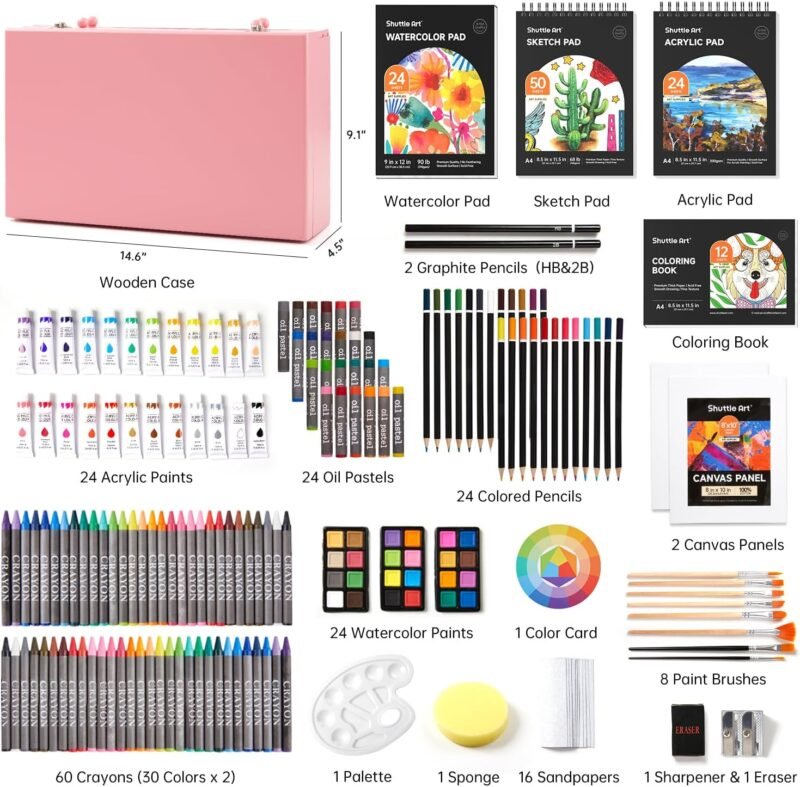 Shuttle Art Deluxe Gift Art Kit, 202-Piece Wooden Art Supplies Set with 4 Drawing Pads, Canvases, Coloring Sheets, Acrylic Paint, Crayons, Oil Pastels, Colored Pencils for Kids - Image 2