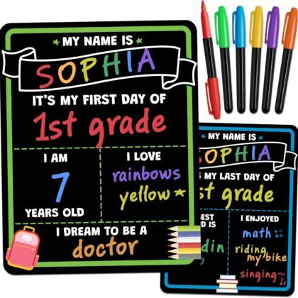 My First Day of School Sign Board with Liquid Chalk Markers - 14”x11” Double-Sided & Reusable - First and Last Day - Back to School Board for Kindergarten, Preschool