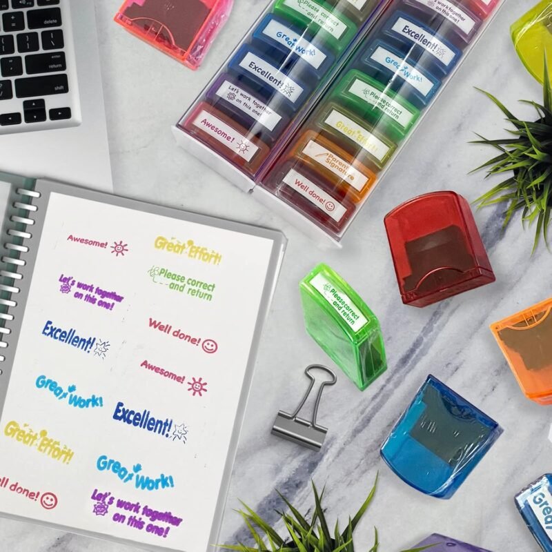 Teacher Stamps for Grading Classroom,Parent Signature Self-Inking Teacher Stamp Set School Supplies Stamps for Homework Reward with 8 pcs Classroom Supplies for School Elementary(Rainbow) - Image 6