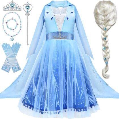 Tacobear 10Pcs Princess Costume Dress For Girls Kids Toddler Snow Princess Dress Up Clothes for Little Girls with Accessories Gloves Crown Wands Wig Necklace for 5-6T Kids Christmas Birthday Party