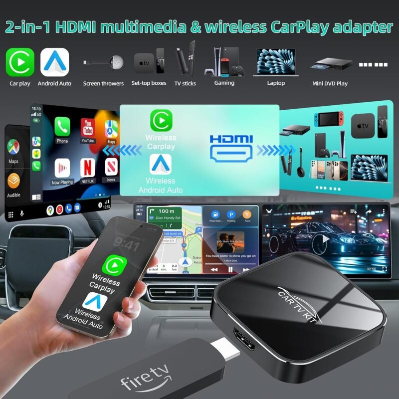 Car TV Mate Max with Wireless CarPlay and Android Auto Adapter, Fire TV Stick Converter for Car, 3 in 1 HD HDMl Multimedia Adapter Cast Video/Game to Cars for Wired CarPlay and Most Streaming Devices - Image 2