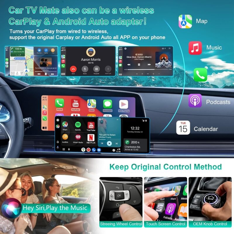 Car TV Mate Max with Wireless CarPlay and Android Auto Adapter, Fire TV Stick Converter for Car, 3 in 1 HD HDMl Multimedia Adapter Cast Video/Game to Cars for Wired CarPlay and Most Streaming Devices - Image 5