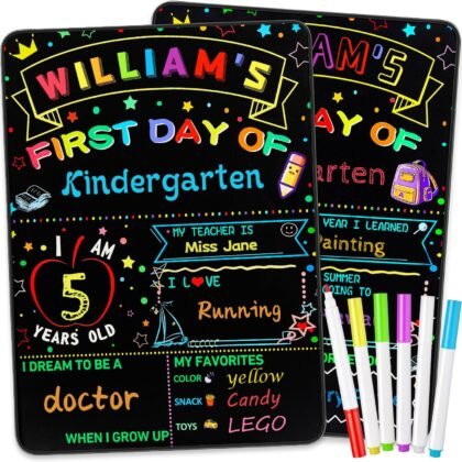 First and Last Day of School Board Sign with 6 Colorful Liquid Chalk Markers Pack - 14”x11” Double-Sided - Back to School Supplies for Kindergarten Preschool ﻿