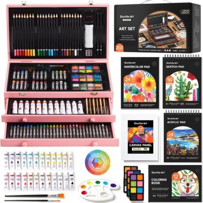 Shuttle Art Deluxe Gift Art Kit, 202-Piece Wooden Art Supplies Set with 4 Drawing Pads, Canvases, Coloring Sheets, Acrylic Paint, Crayons, Oil Pastels, Colored Pencils for Kids