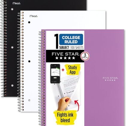 Five Star Spiral Notebooks + Study App, 3 Pack, 1-Subject, College Ruled Paper, 100 Sheets, 11" x 8-1/2", Black, White, Amethyst Purple (820188-ECM)