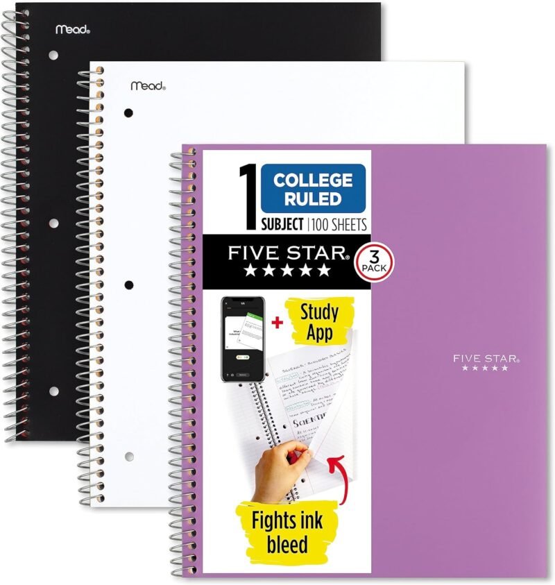 Five Star Spiral Notebooks + Study App, 3 Pack, 1-Subject, College Ruled Paper, 100 Sheets, 11" x 8-1/2", Black, White, Amethyst Purple (820188-ECM)
