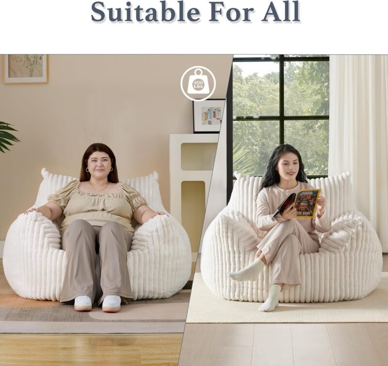 Giant Plush Bean Bag Chair for Adults with Armrests - Oversized Comfy Beige Beanbag Lounge Lazy Floor Sofa Accent Chair for Living Room, Bedroom & Dorm, Cozy Fluffy Single Cloud Mini Couch - Image 6