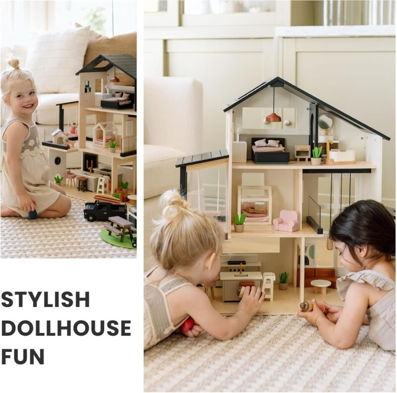 Tiny Land Doll House, Modern Family Dollhouse with Realistic Design, Wooden Dollhouse with 53Pcs Furniture - Ideal Gift for Kids Ages 3+ - Image 4