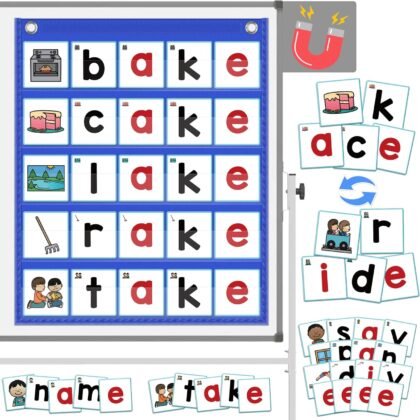 ABCxGOOD CVCE Word Building Pocket Charts with 50 Phonics Flash Cards Classroom Must Haves, CVCE Literacy Games for Beginners in Reading and Spelling.