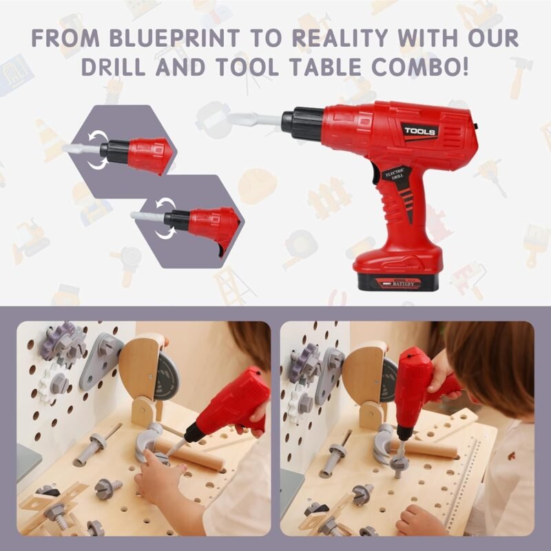 Wooden Kids Tool Bench with Electric Drill, Toddler Tool Bench with Storage Drawers and Platform, Toy Workbench Workshop with Play Tools Set for Boys and Girls, Perfect for Ages 3+ - Image 4