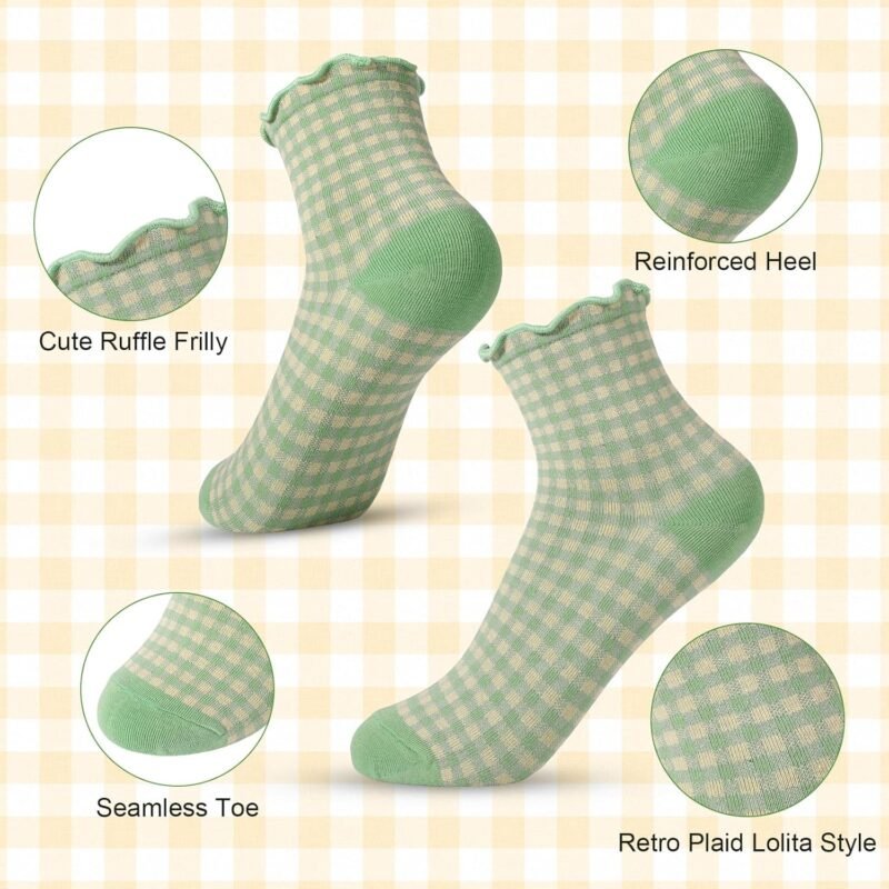 6 Pairs Women Ruffle Socks Striped Frilly Socks, Women Cute Socks Checkered Socks Ankle Socks for Women Cotton Knit Casual Crew Socks Size 5-9, Medium - Image 2