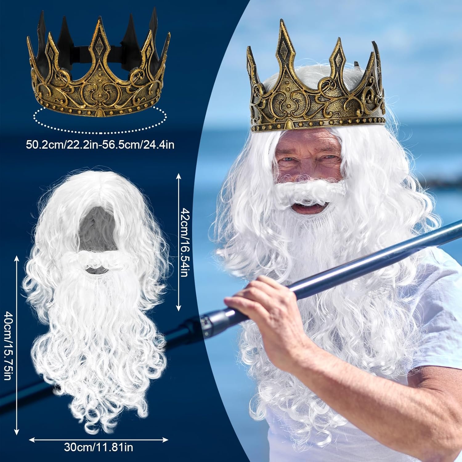 4 Pcs Halloween Poseidon Costumes Deluxe Merman Kit Neptune God of Sea Cosplay for Men - Image 3