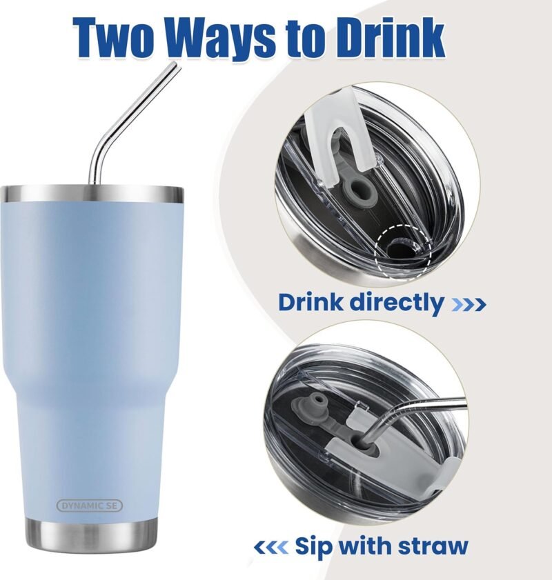 D·S 30oz Blue Tumbler Stainless Steel Double Wall Vacuum Insulated Mug with Straw and Lid, Cleaning Brush for Cold and Hot Beverages - Image 3