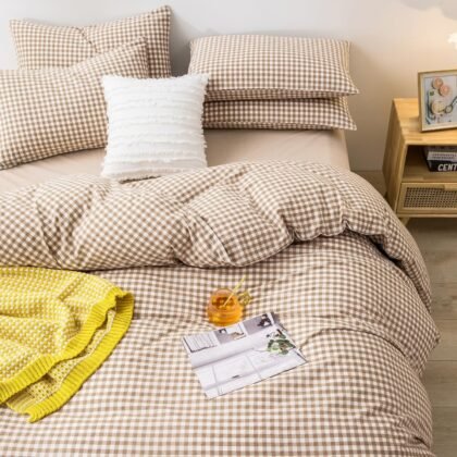 mixinni Tan Gingham Comforter Set Full, Plaid Comforter Set 3 Pieces 1 Beige Grid Comfoter with 2 Pillow Cases for All Seasons, Soft Fluffy Modern Grid Pattern Printed Bedding-Full Size